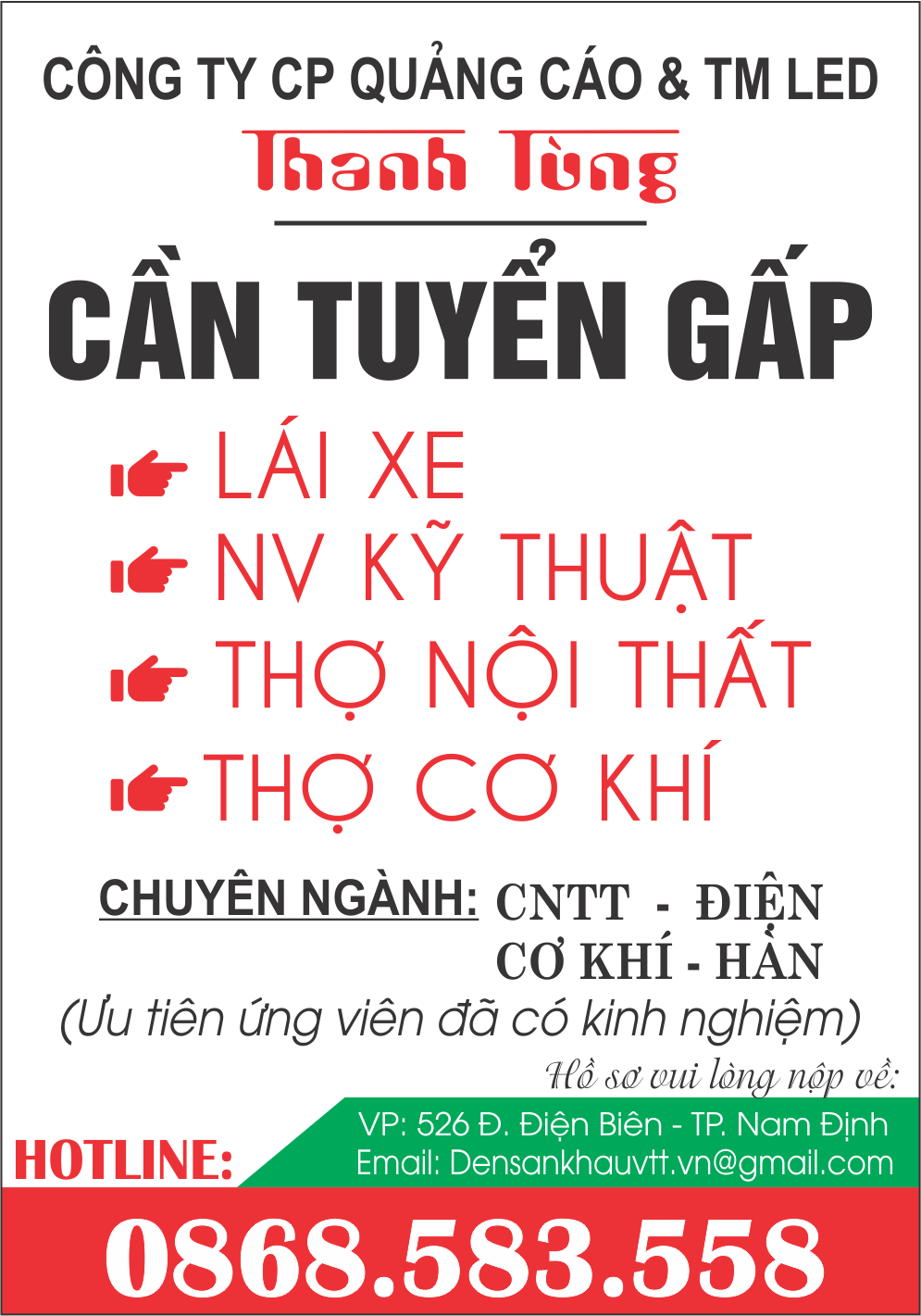 THANH TÙNG TUYỂN NHÂN SỰ GẤP ĐI LÀM NGAY