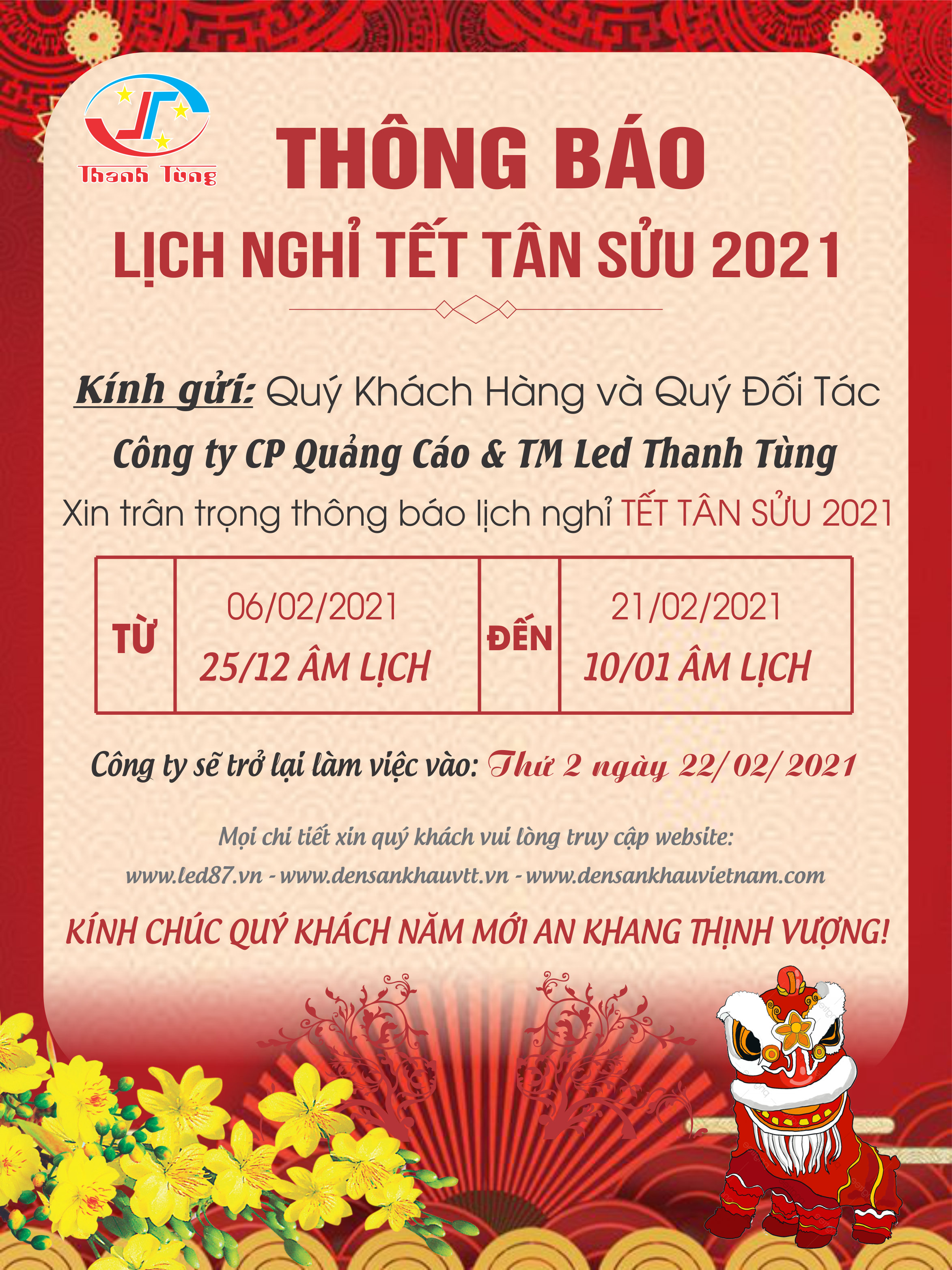 THANH TÙNG VTT THÔNG BÁO LỊCH NGHỈ TẾT TÂN SỬU 2021